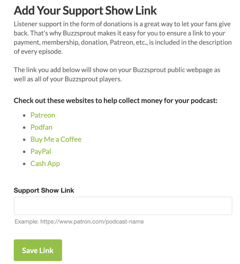 在這裏你可以添加到各種地方的鏈接，比如PAtreon或Paypal，人們可以在那裏為你的節目提供資金支持