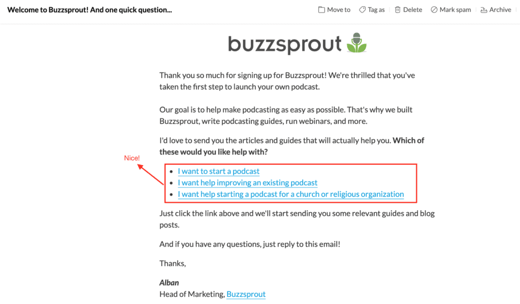 這張圖片是來自Buzzsprout的一封電子郵件的屏幕截圖，上麵有各種各樣的faq鏈接